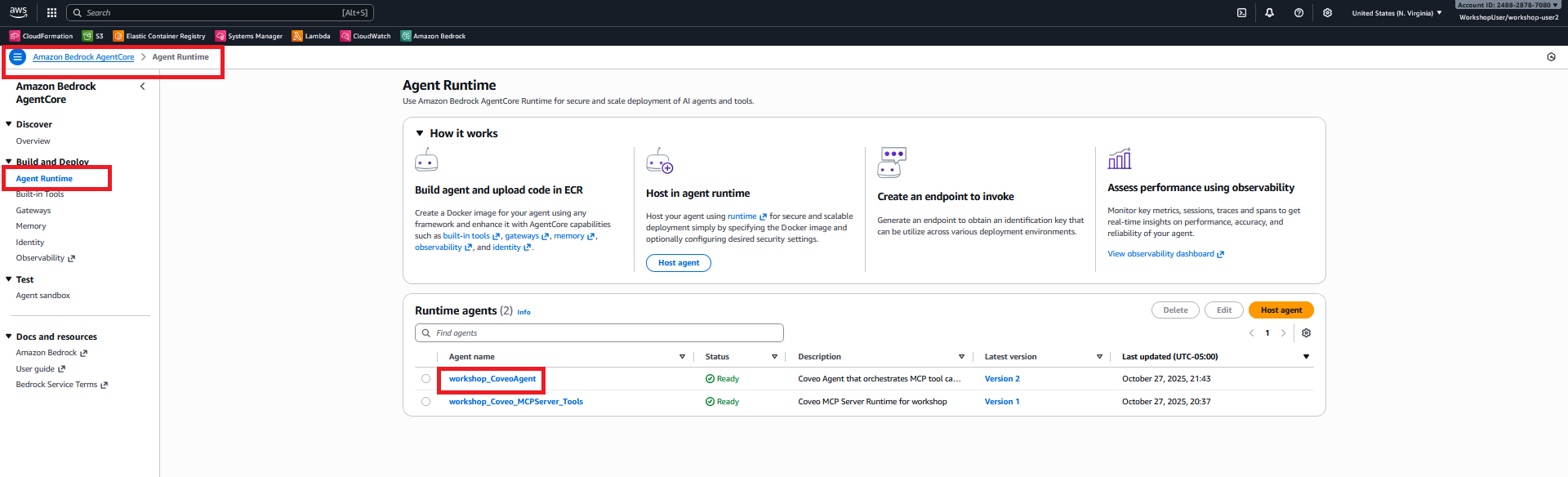 AWS Console - Bedrock AgentCore Navigation