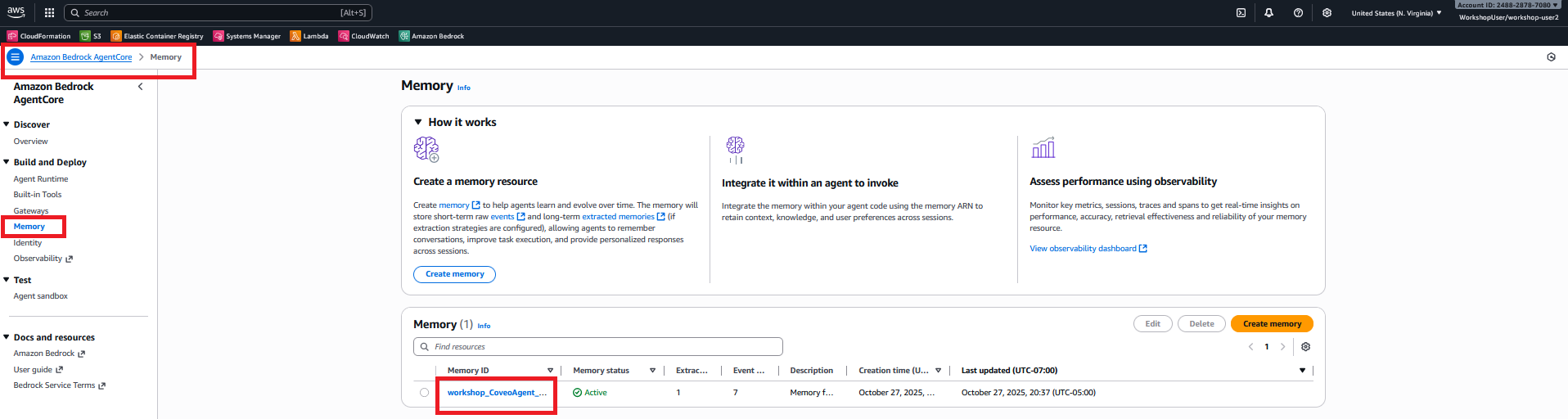AgentCore Console - Memory Configuration
