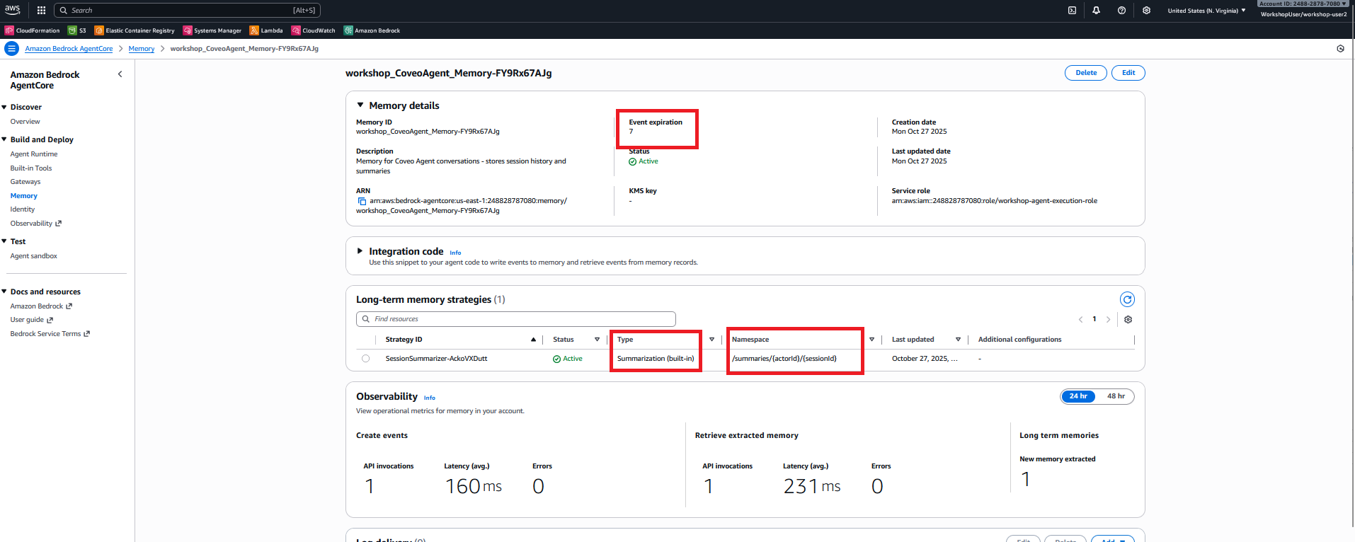 AgentCore Console - Memory Details