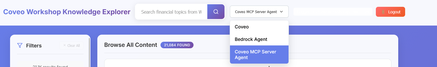 Workshop UI - Coveo MCP Backend Selected