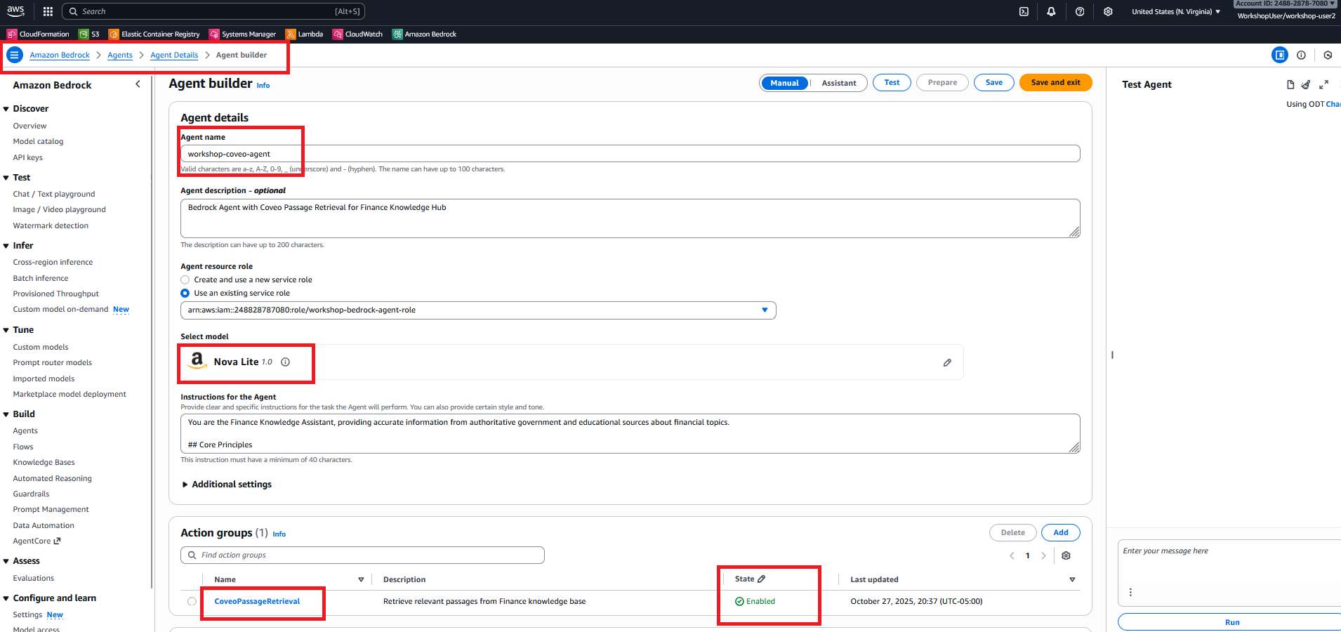 AWS Console - Bedrock Agent Details Page