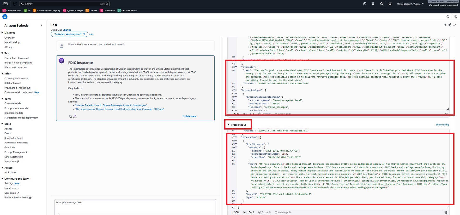 Bedrock Console - Trace View Showing Tool Invocation