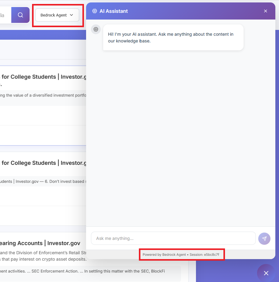 Chat interface with Bebrock Agent backend session ID