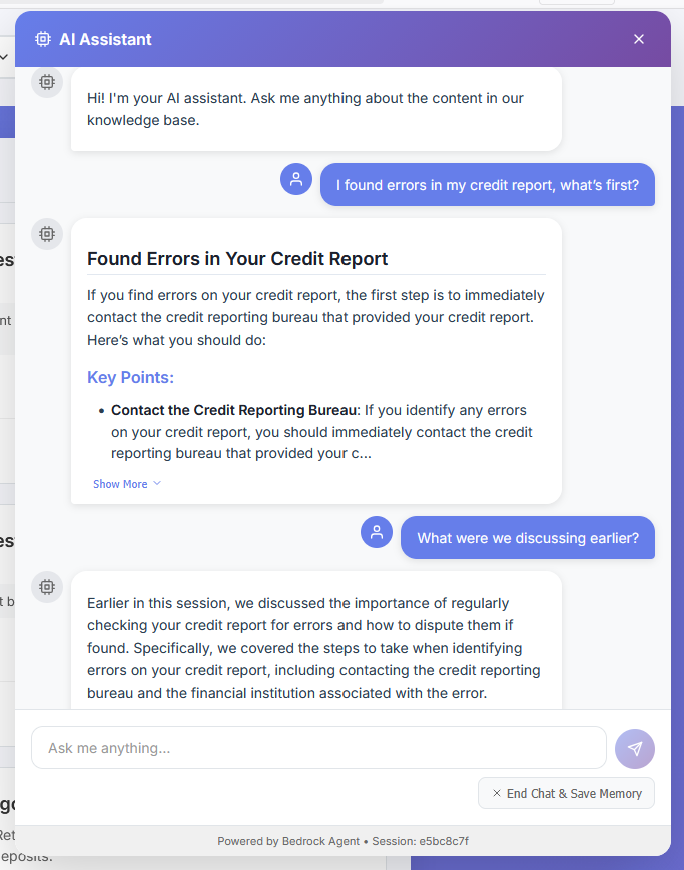 Chat recollection with Bedrock Agent same session