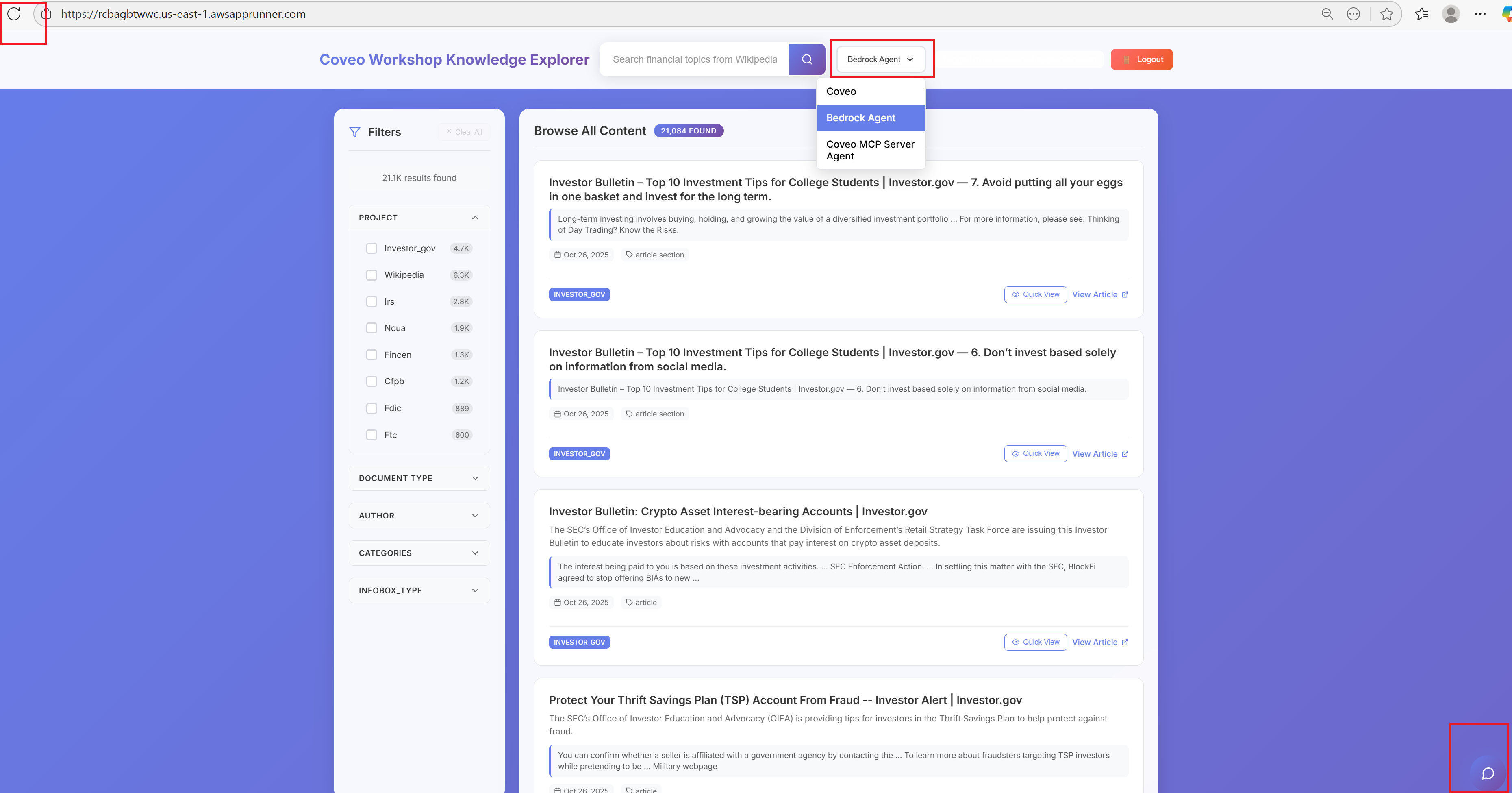 Chat interface with Bebrock Agent backend