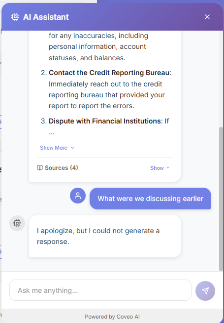 Chat interface with Coveo backend single turn response 