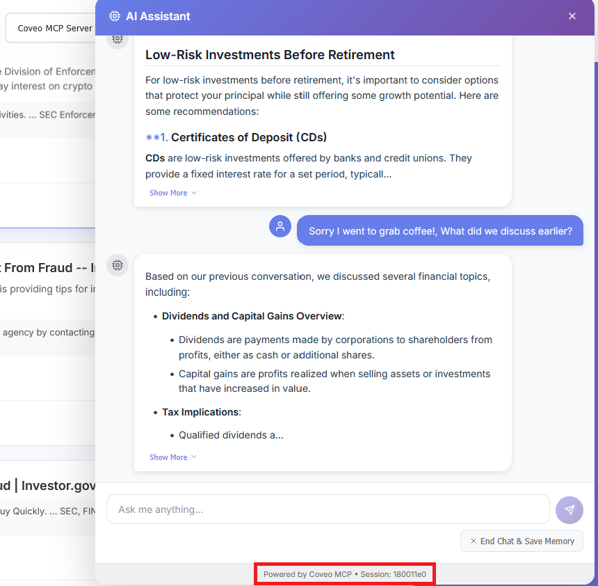 Chat recollection with Agentcore MCP Agent in same session