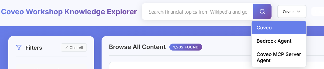 Workshop UI - Backend Mode Selector with Coveo Selected