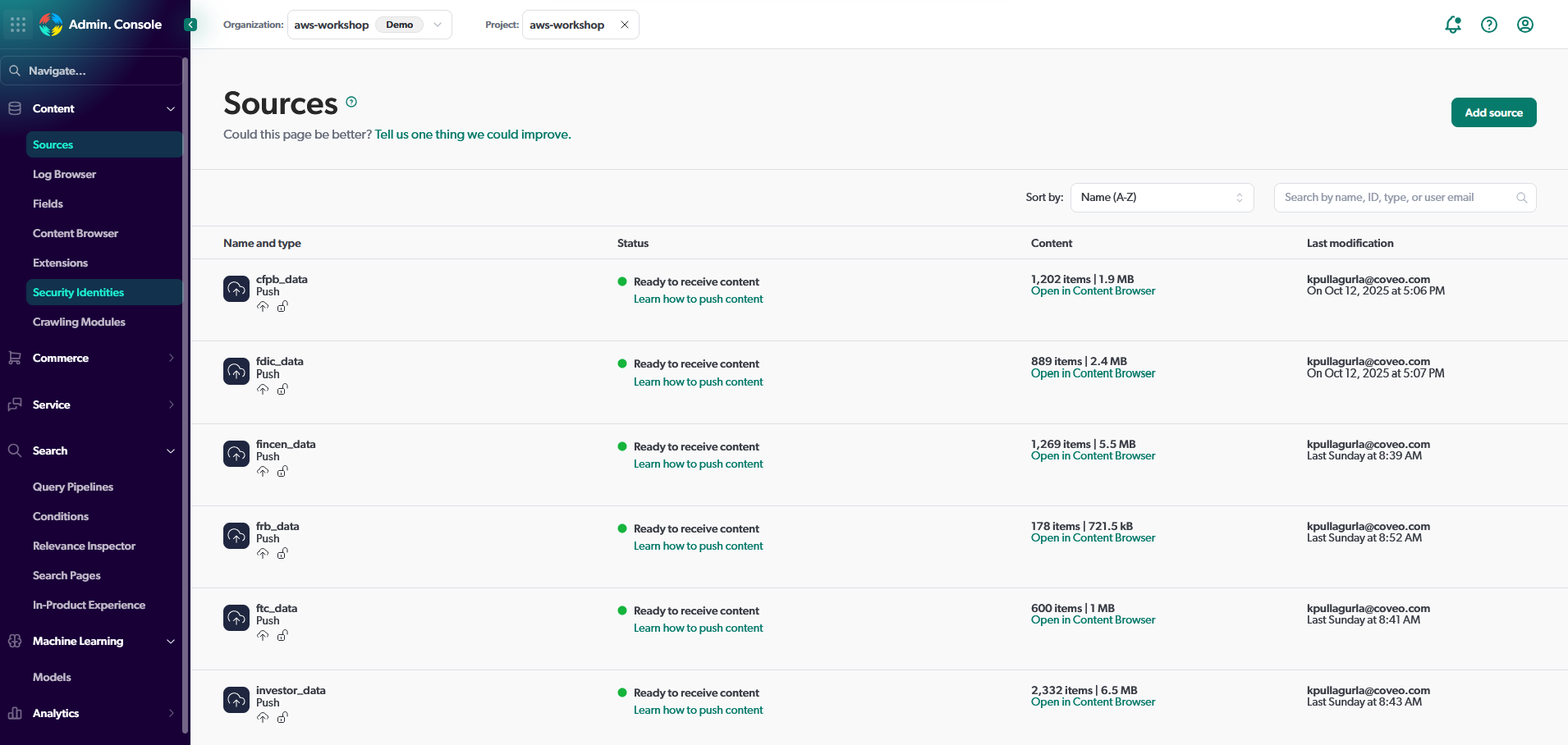 Coveo Console - Sources Overview